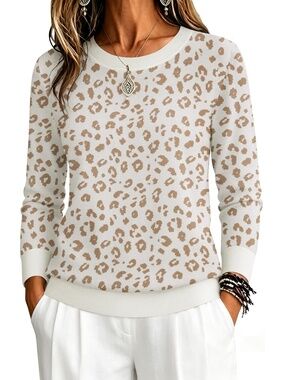 Zeagoo Women's Leopard Crew Neck Long Sleeve Viscose Solid Sweaters Tops